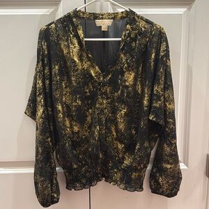 Michael Kors Gold and Black Tie-neck Blouse- Size XS